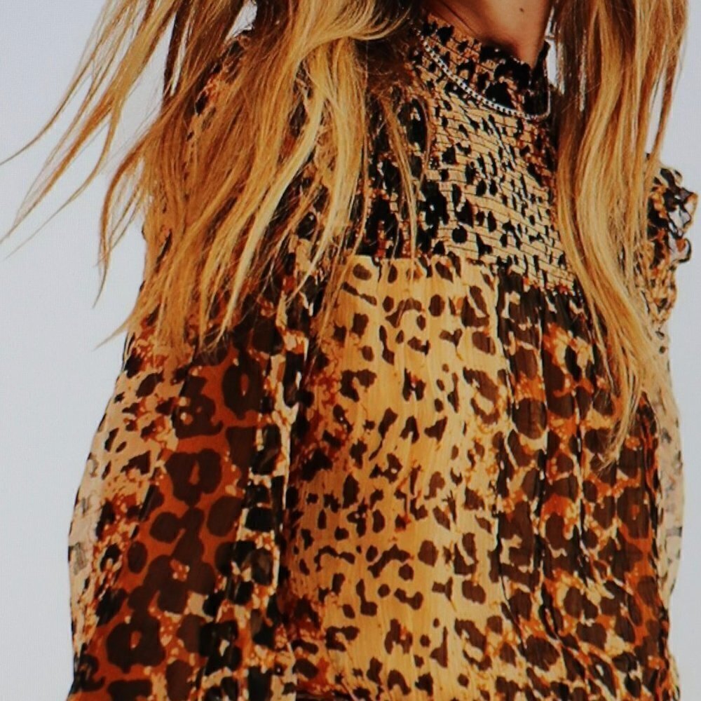Free People Brown Leopard Smocked Long-Sleeve Mock